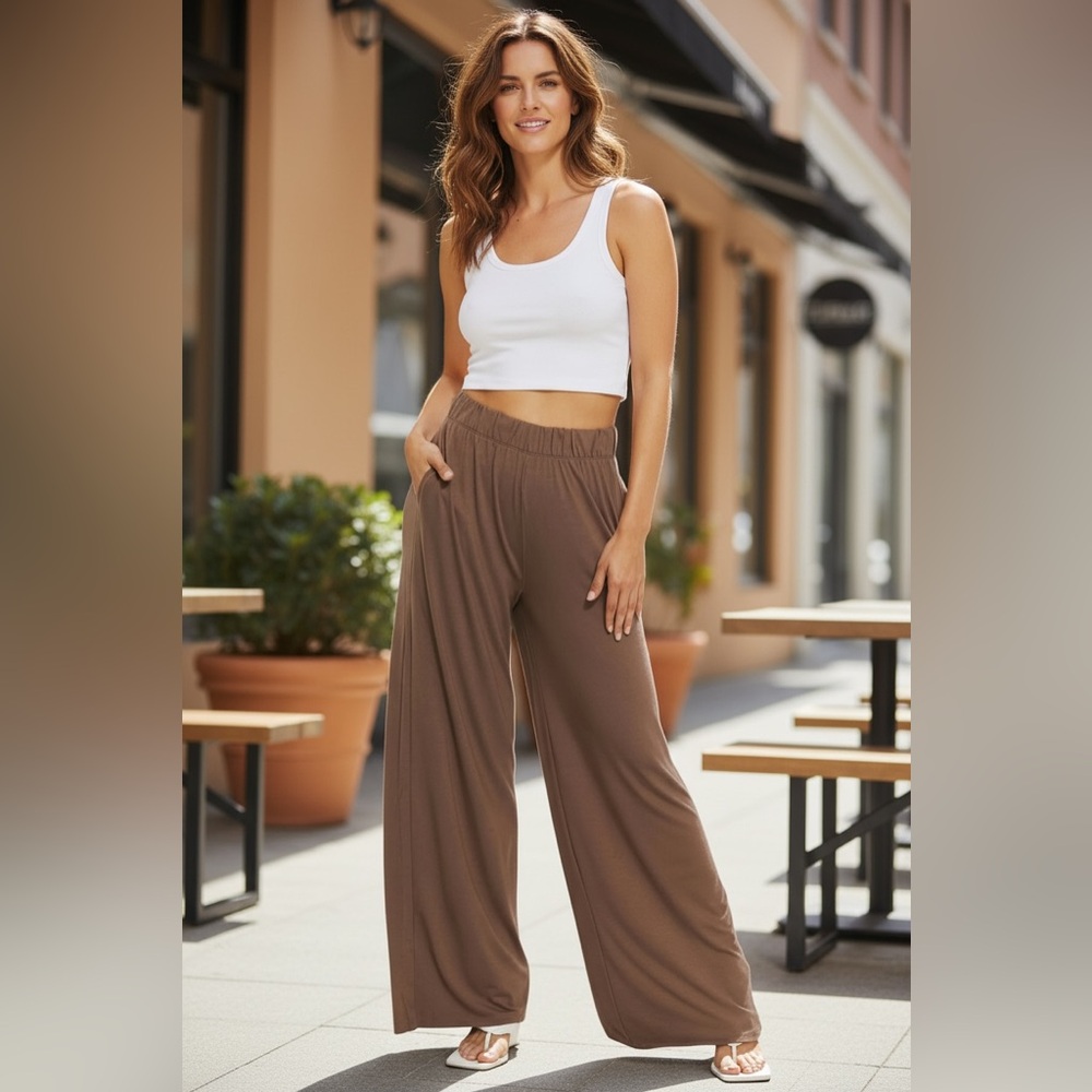 NEW•XL-2X•CREME DE LA CREME CURVY CAPPUCCINO WIDE LEG PANTS W/ POCKETS